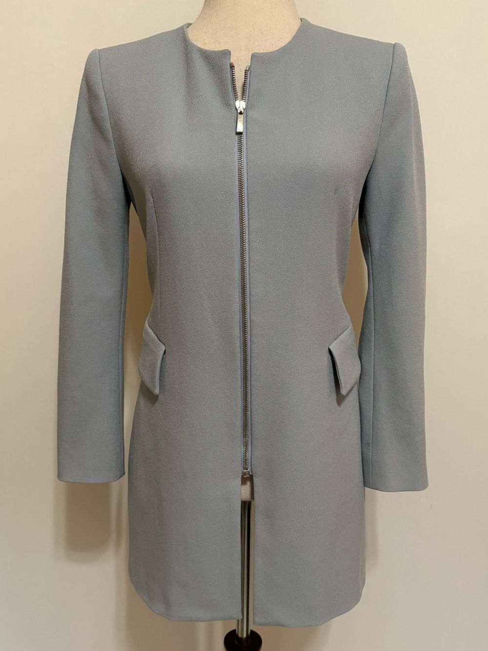 Zara Slate Blue Minimalist Collarless Longline Blazer Jacket Size Small
